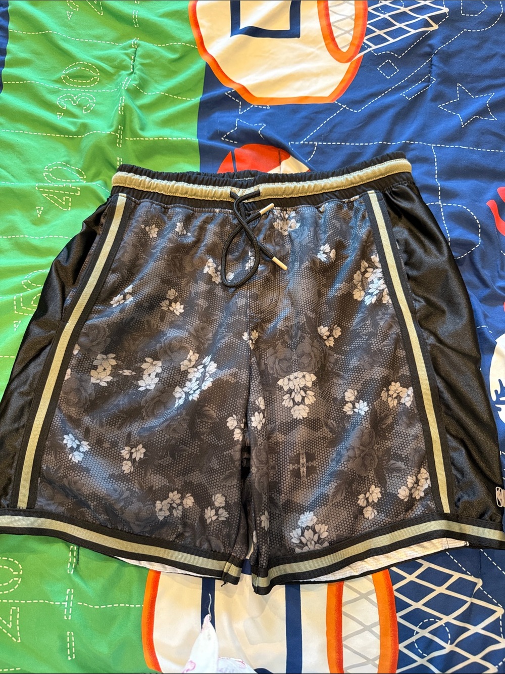 NBA Black Floral Athletic Shorts with Olive Trim
